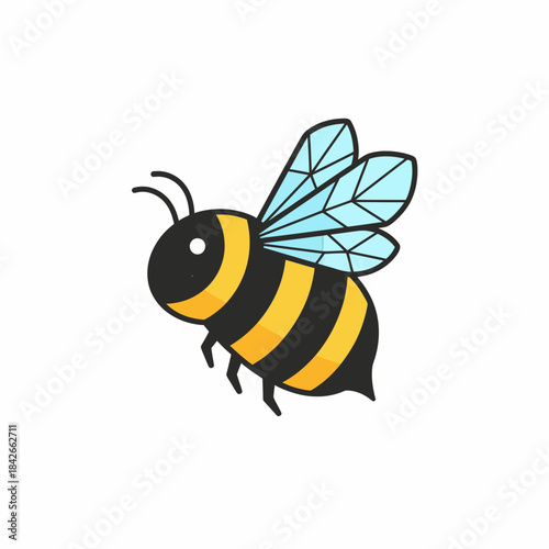 Cartoon illustration of a small plump bee with black and yellow stripes and light blue wings