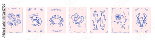 Seafood Poster and Cover Templates with Hand Drawn fish, lobster, shrimp, crab, oysters, and lemons for restaurant branding, menu design, food packaging, kitchen wall art, flyers. Vector illustration