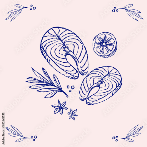 Hand Drawn Salmon Steaks with Herbs and Lemon and spices for menu design, seafood packaging, recipe cards, kitchen prints, and culinary branding. Vector illustration
