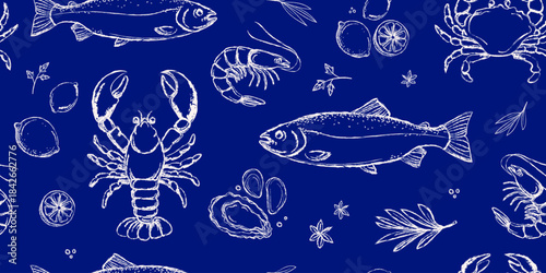 Hand Drawn Seafood seamless Pattern featuring fish, lobster, shrimp, crab, oysters, lemons, and herbs for restaurant menus, seafood packaging, textile design, wrapping paper, and kitchen decor.Vector
