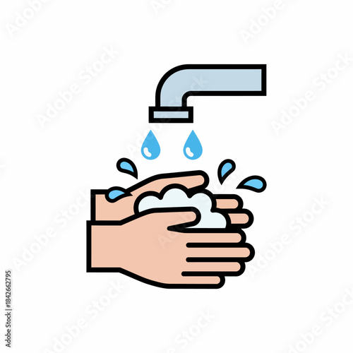 Cartoon illustration of hands washing with soap under a faucet with dripping water