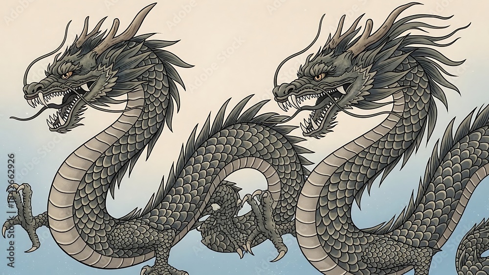 Obraz premium Two majestic black dragons in traditional Asian art style.
