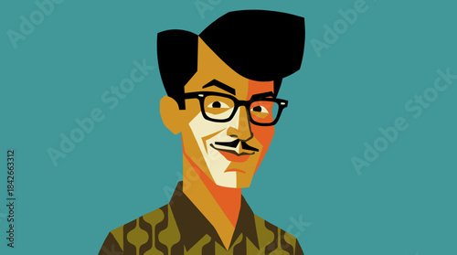 Stylized retro illustration of a smiling man with a pompadour hairstyle, glasses, and a mustache in a mid-century modern graphic style against a solid teal background