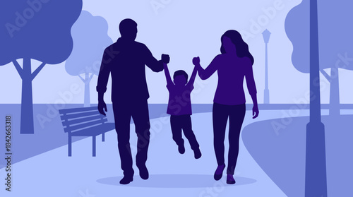 Family silhouette of a mother and father walking with their child, swinging the happy kid while holding hands in a park, a flat vector illustration with a monochromatic blue color palette