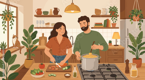 Happy young couple cooking a healthy meal together in a cozy, plant-filled kitchen, the woman chops vegetables for a salad while the man stirs pasta in a pot