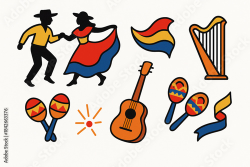 Venezuelan music and dance icons in flat vector grid with vibrant cultural palette on white background