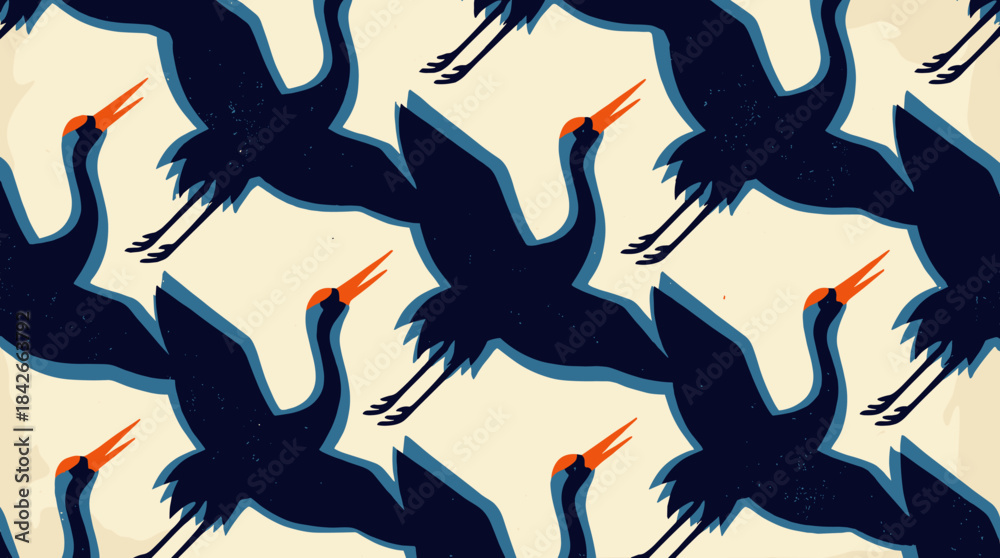 Fototapeta premium Seamless pattern of stylized dark blue cranes with orange beaks flying in a flock, a vintage graphic illustration with a textured block print effect on a cream background