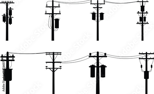 Silhouettes of utility poles with transformers, insulators, and power lines on white background Keywords: utility pole, power