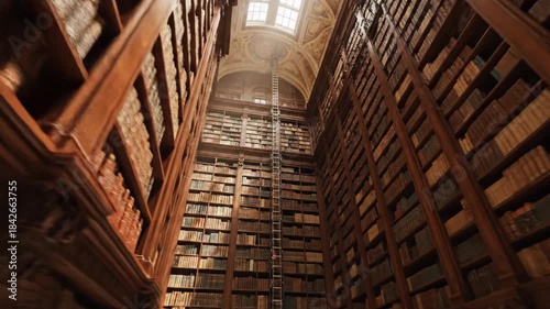 Architectural jib shot smoothly gliding vertically up a vast wall of towering dark wooden library shelves emphasizing scale and endless archival storage historic, smooth, blur