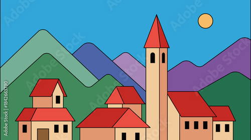 Colorful minimalist illustration of a quaint village with red-roofed houses and a church tower nestled among rolling green and purple mountains under a bright blue sky