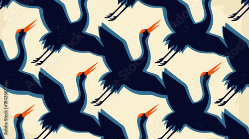 Seamless pattern of stylized dark blue cranes with orange beaks flying in a flock, a vintage graphic illustration with a textured block print effect on a cream background