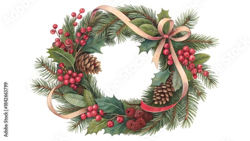 A beautiful watercolor illustration of a traditional Christmas wreath isolated on a white background