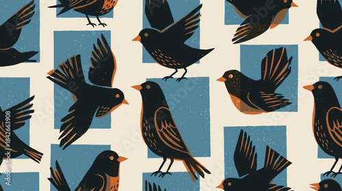 Seamless pattern of stylized black birds with orange details in a vintage folk art style, featuring flying and perched poses against a geometric background of blue squares
