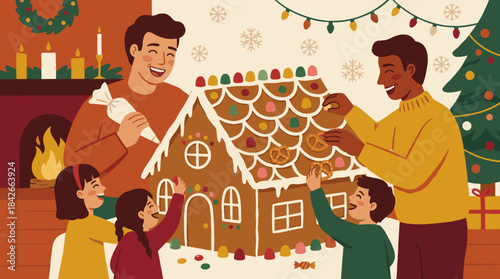 Joyful diverse family with two dads and children decorating a gingerbread house with candy and icing, celebrating Christmas together in a cozy home with a fireplace