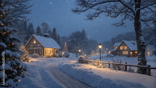 A magical winter landscape depicting a charming village at twilight, blanketed in a thick layer of fresh snow. 