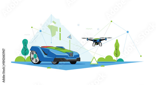 Autonomous lawn mower and drone collaborating in a smart garden environment.