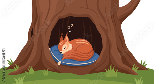 A cute cartoon squirrel sleeps soundly on a blue pillow inside a hollow tree trunk.