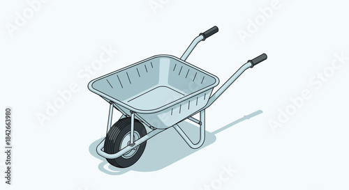 Isometric illustration of a light gray wheelbarrow with a black tire on a light blue background.