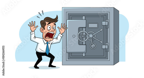 Man looking terrified in front of a large, open safe, with his hands up in fear.