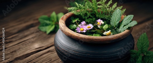 Herbal medicine decoction pot filled with fresh healing plants and natural remedies inside