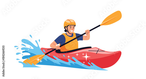 Cartoon illustration of a person kayaking with a paddle in blue water with splashes.