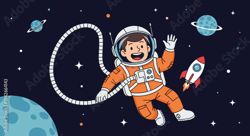 Happy astronaut floating in space with planets and a rocket nearby.