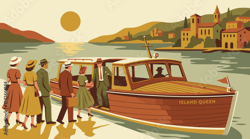 Group of elegantly dressed people in vintage 1950s attire boarding a classic wooden water taxi at a picturesque coastal village during a sunny day