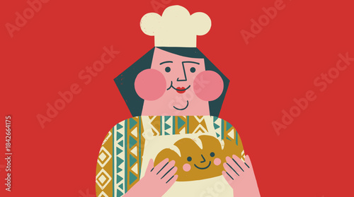 Smiling woman baker in a chef's hat and apron proudly presents a cute loaf of bread with a happy face in a whimsical, flat illustration style on a red background