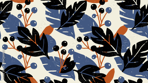 Seamless botanical pattern with abstract leaves and berries in a modern graphic style, featuring a distressed texture and a contemporary color palette of black, blue, and orange