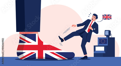 Man in suit kicks the Union Jack symbol, representing Brexit and a fall from power.