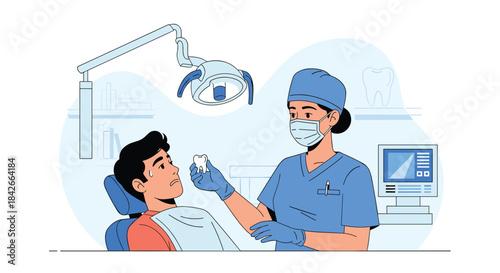 Dentist showing a tooth to a nervous patient in a dental chair under a lamp.