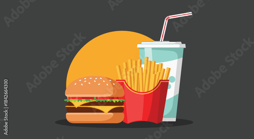 Illustration of a hamburger, french fries, and a soda cup with a straw on a dark background with a sun graphic.