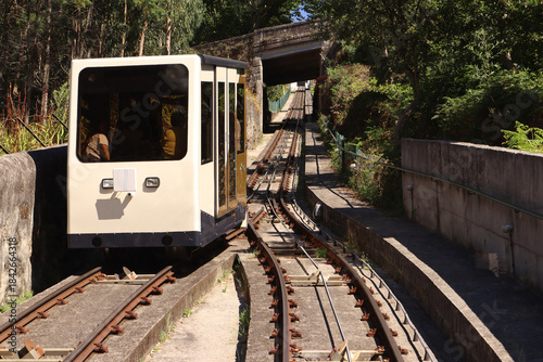 Cable car driving over a swich, Funicular to Monte de Santa Luzia (Viana do Castello, Portugal)