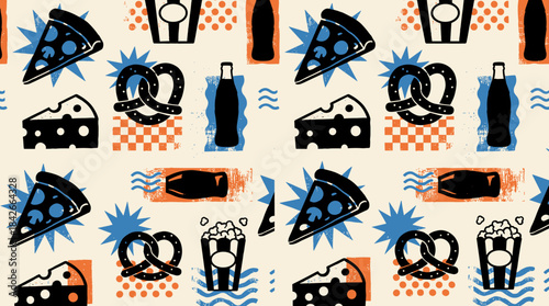 Retro seamless fast food pattern with pizza, pretzels, popcorn, and soda in a bold, graphic, block print style with a distressed texture on a light background