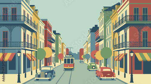 Colorful vintage city street illustration with a central tram, classic cars, and historic buildings with ornate balconies in a flat, minimalist vector art style