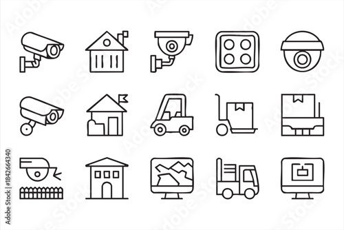 Logistics Monitoring Icons Featuring Warehouses, Packages and Forklifts for System Design