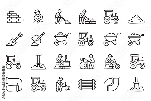 Infrastructure Icon Pack with Workers, Drills and Materials for Construction Management Apps
