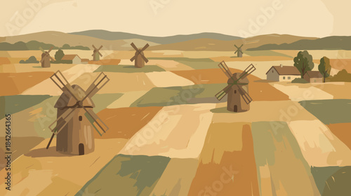 Traditional wooden windmills standing in a vast rural landscape with patchwork farm fields, distant hills, and a small village in a stylized, warm-toned illustration