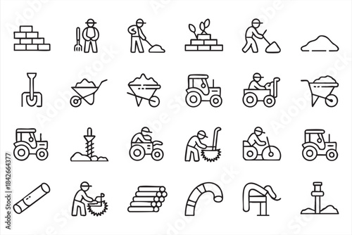 Building Site Outline Set Featuring Equipment, Wheelbarrows and Tractors for Project Design