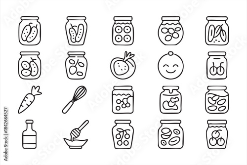 Pickled Food Line Icons with Jars, Vegetables and Fruits for Recipe Apps and Culinary UI