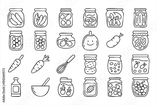 Preserved Food Line Art Set Featuring Produce, Honey and Kitchen Tools for Digital Recipes