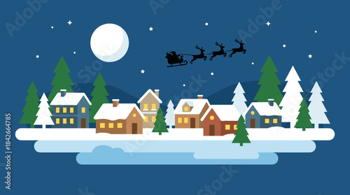 Snowy winter village with cozy houses and pine trees under a dark blue night sky with a full moon and a silhouette of a sleigh with reindeer