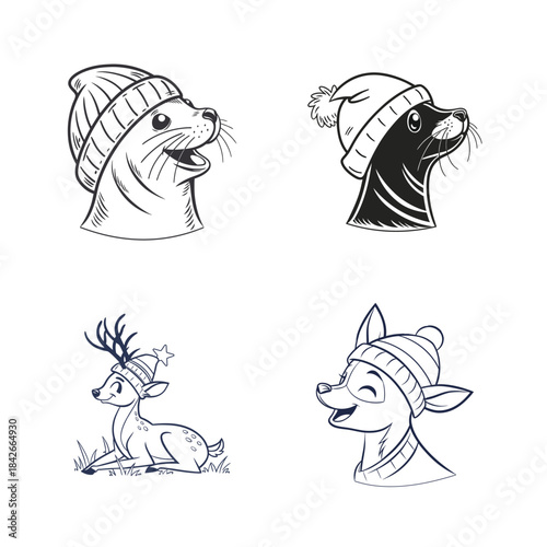 Whimsical winter animals wearing cozy beanies and hats