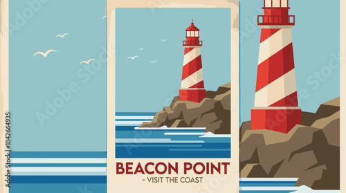 Retro travel poster illustration of a red and white striped lighthouse on a rocky cliff, a classic nautical scene with seagulls and ocean waves