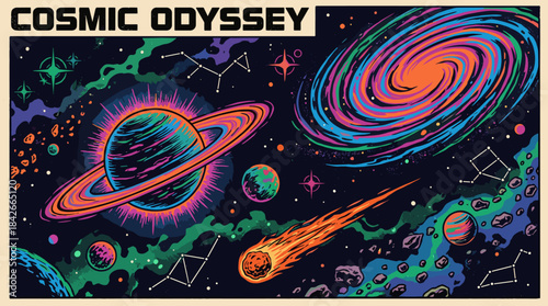 Vibrant psychedelic cosmic scene illustration with planets, a spiral galaxy, comet, and constellations in a retro comic book art style on a dark background