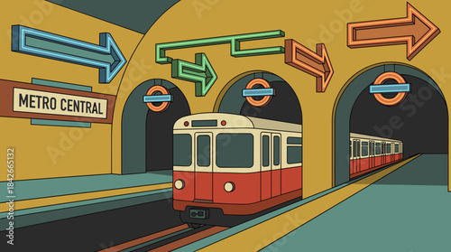 Red and cream retro subway train stands at an underground station platform with colorful illuminated neon arrow signs pointing in different directions