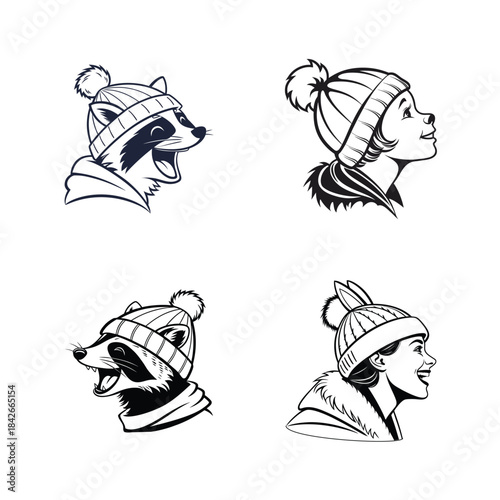Four sketches of animals and people wearing winter hats
