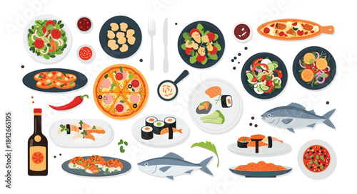 Large collection of delicious food dishes and ingredients viewed from above including pizza sushi salads and fish for a restaurant menu.