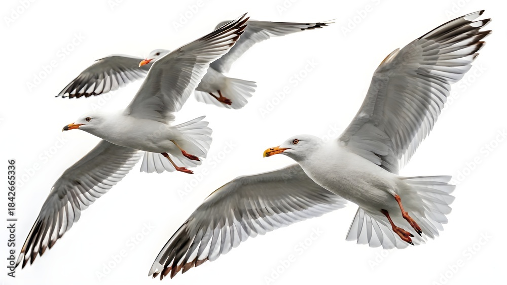 Obraz premium Seagulls Flying Isolated on White Background, Freedom, Nature, Birds in Flight