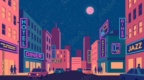 Colorful urban cityscape illustration at night featuring busy streets with cars, glowing neon signs for a hotel and diner, and a large pink moon in the starry sky
